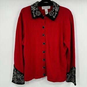 Tiara International Christmas Collection 2004 Red Beaded Snowflake Cardigan L